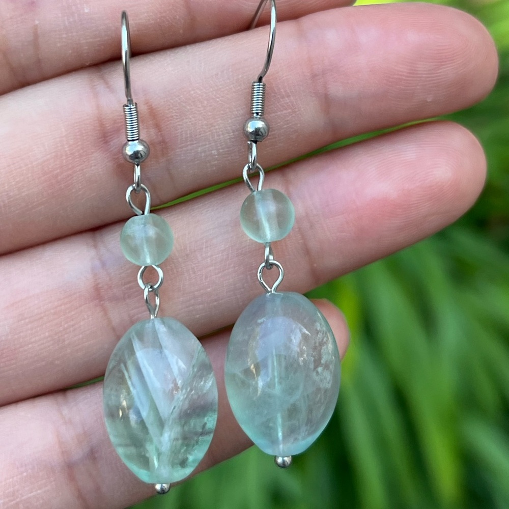 Stainless steel green fluorite earrings 0201‎